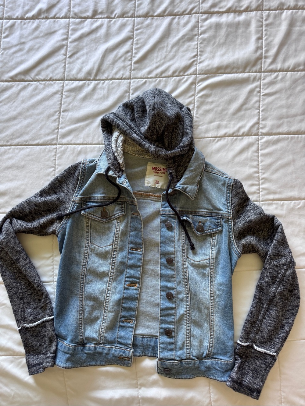 Mossimo Supply Co. Light Blue Denim Jacket with Gray Hood & Sleeves